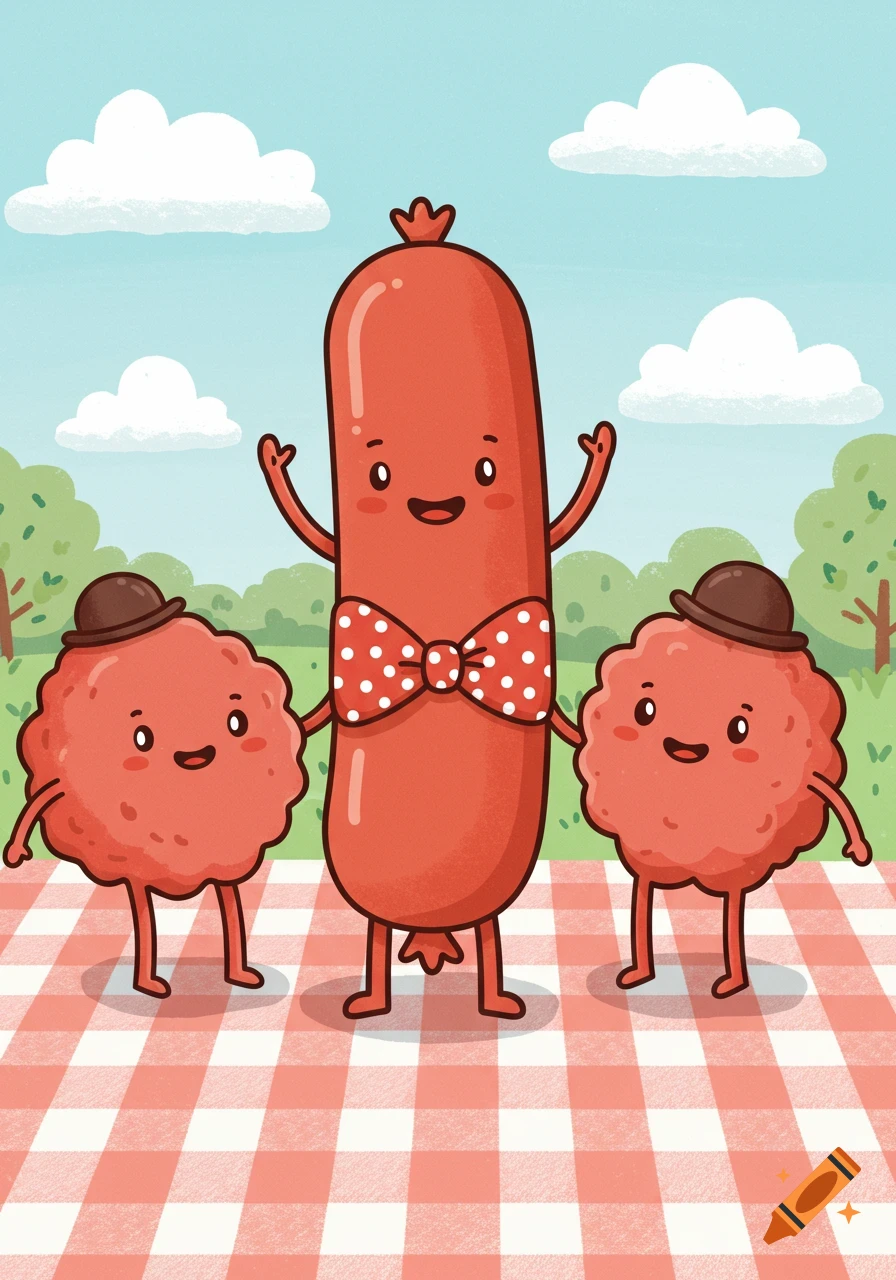Cartoon sausage in a bow tie stands between two smiling meatballs in bowler hats on a picnic blanket.