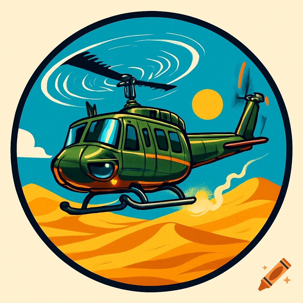 Cartoon green Huey helicopter flying over orange desert dunes within a circular logo.