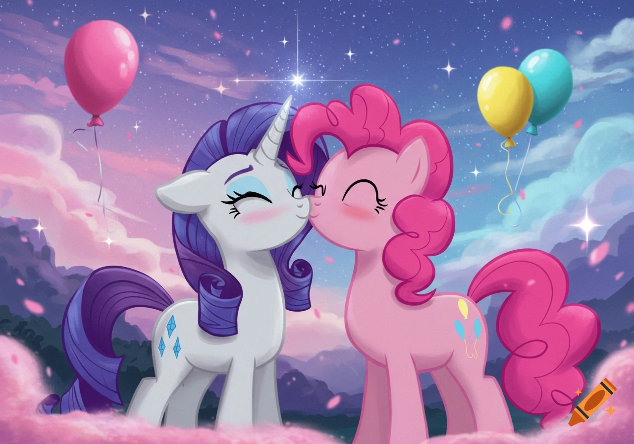 Rarity, a white unicorn, and Pinkie Pie, a pink pony, kiss in a vibrant, starry, pink-clouded landscape with balloons.