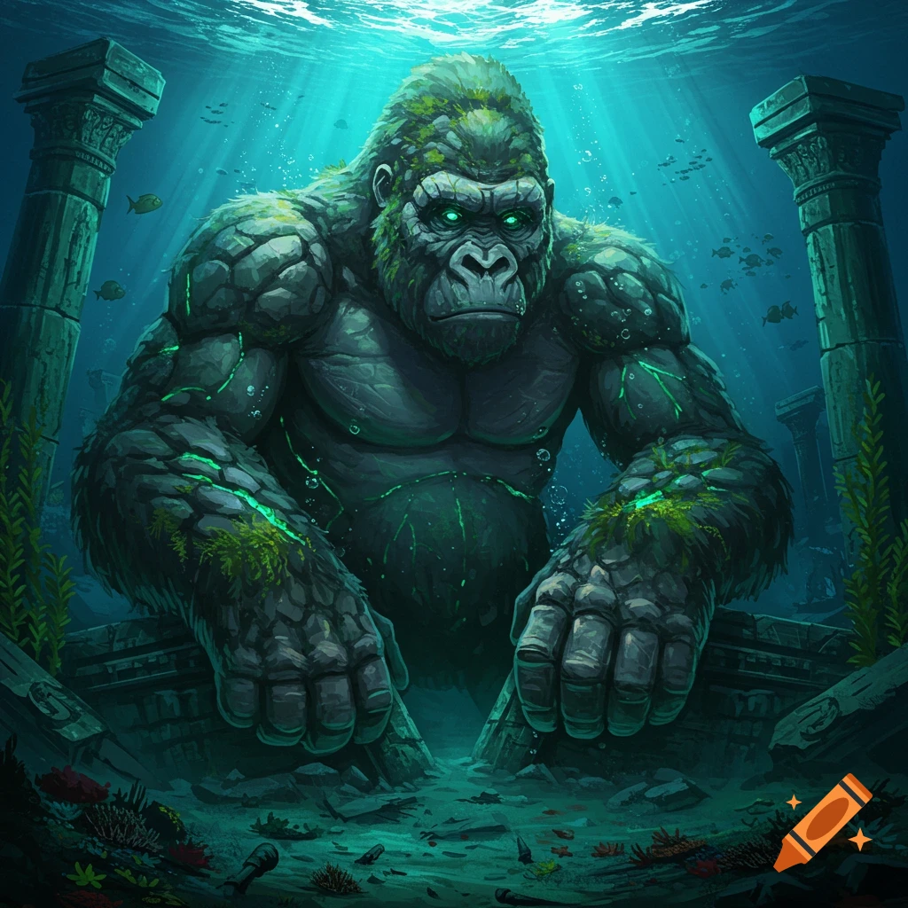 A large, moss-covered rock gorilla with glowing green eyes sits among ancient ruins underwater, with sunbeams filtering down.