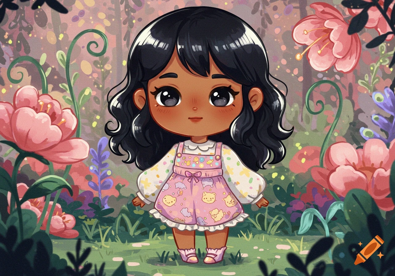A cute chibi cartoon girl with black hair and tan skin wearing a pink dress with bear patterns, standing in a vibrant floral garden.