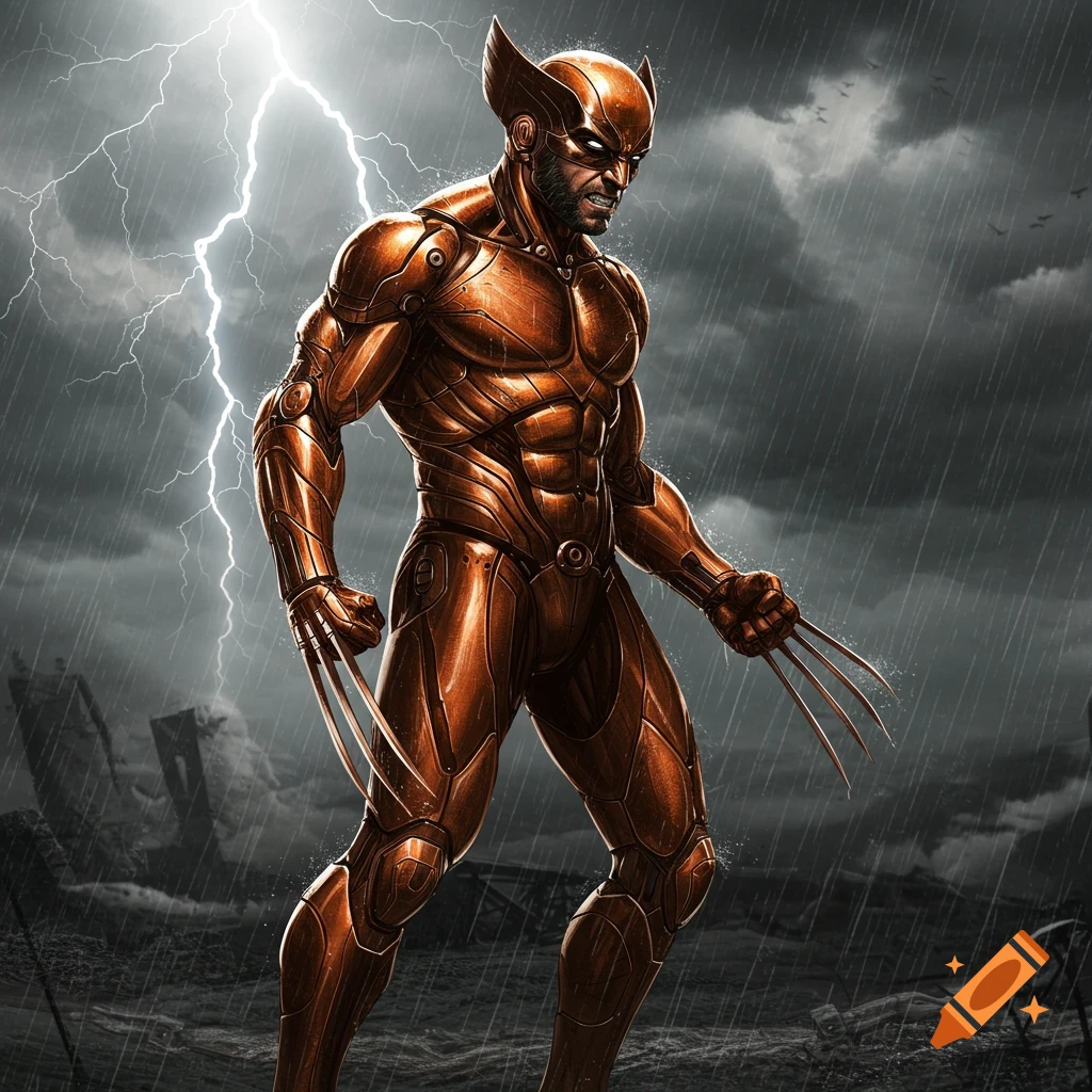 Wolverine in a gleaming copper suit stands in the rain with lightning striking a dark, stormy sky over a ruined landscape in a comic book illustration.
