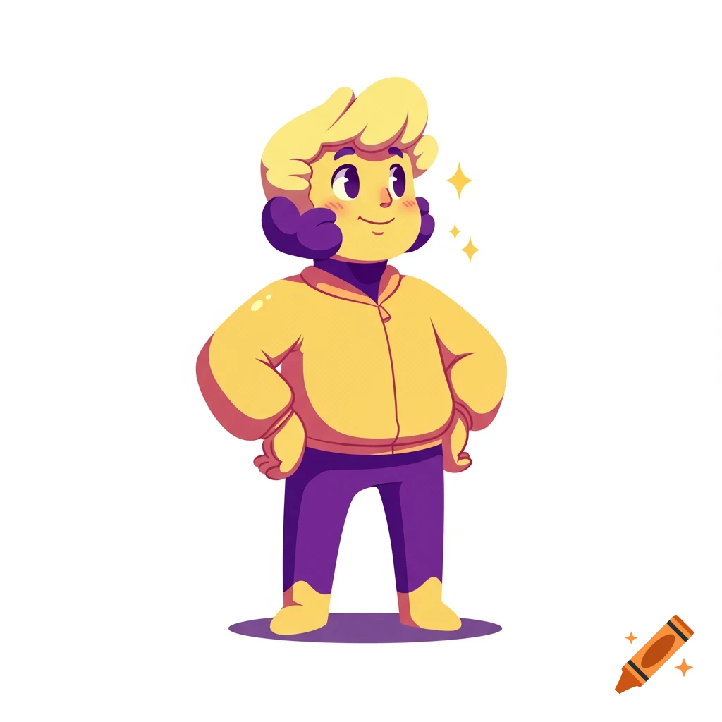 A proud, joyful cartoon character with yellow curly hair, purple ears, yellow jacket, and purple pants, with two golden sparkles.
