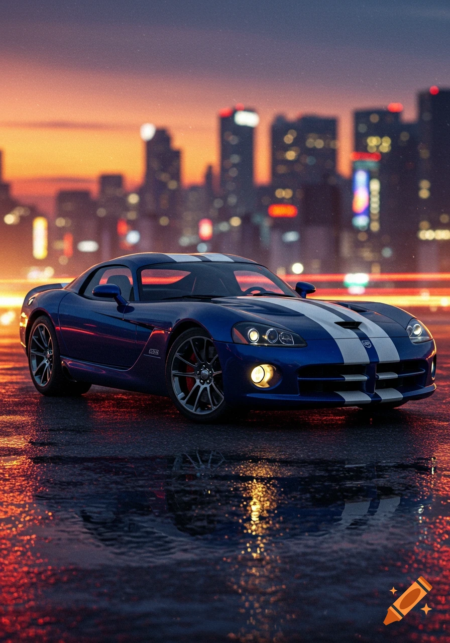A blue Dodge Viper with white racing stripes on a wet city street at dusk, with reflections and a blurry skyline.