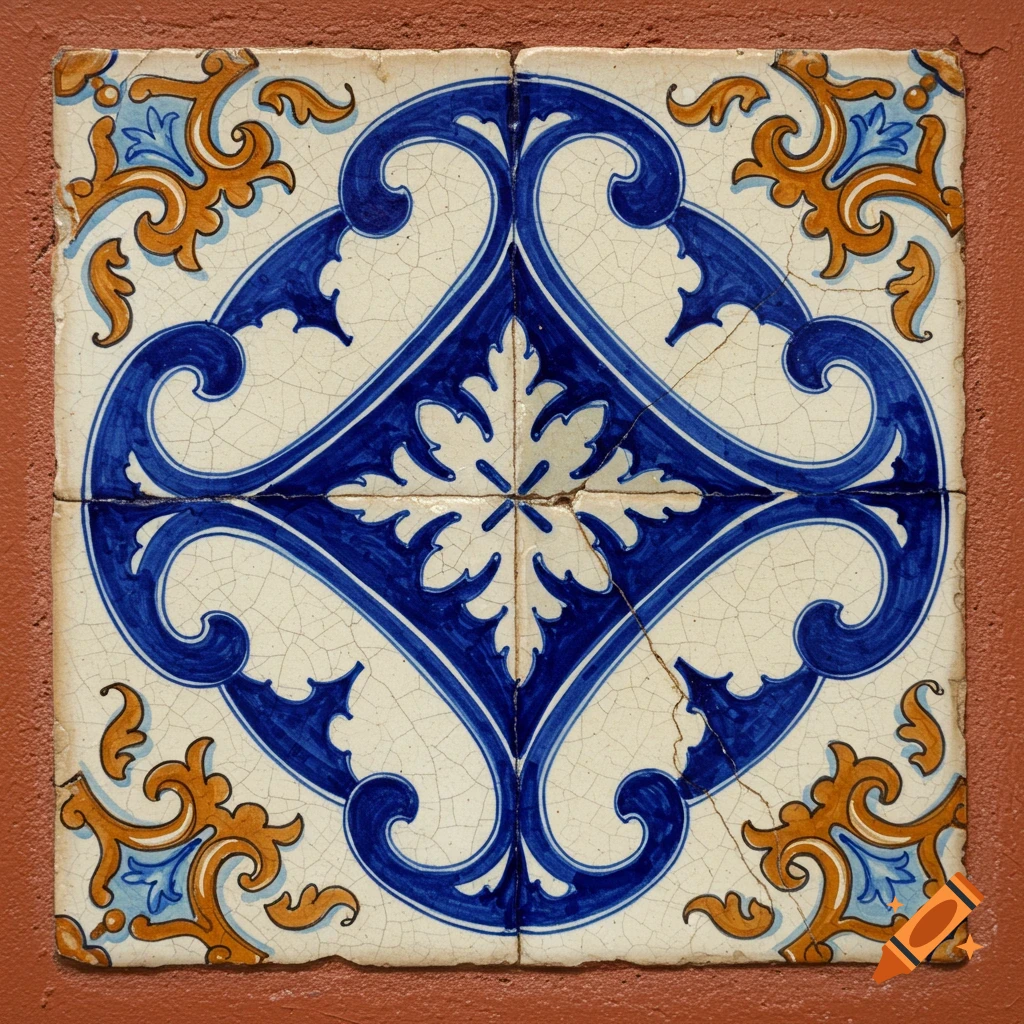 Four cracked ceramic tiles form a symmetrical blue and gold ornate pattern on a reddish-brown surface.