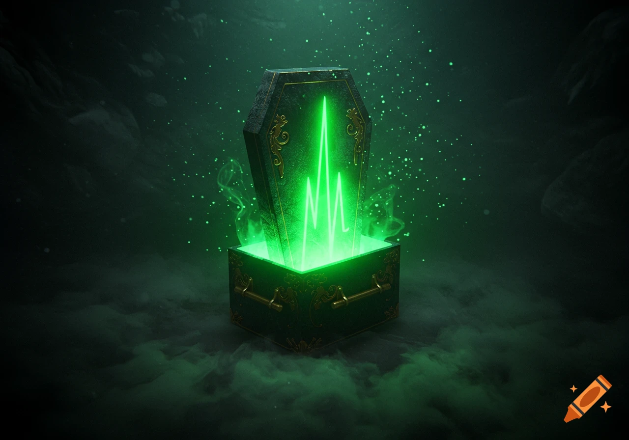 An open, ornate coffin emits bright green light and a neon pulse line, surrounded by smoke in a dark, mysterious setting.
