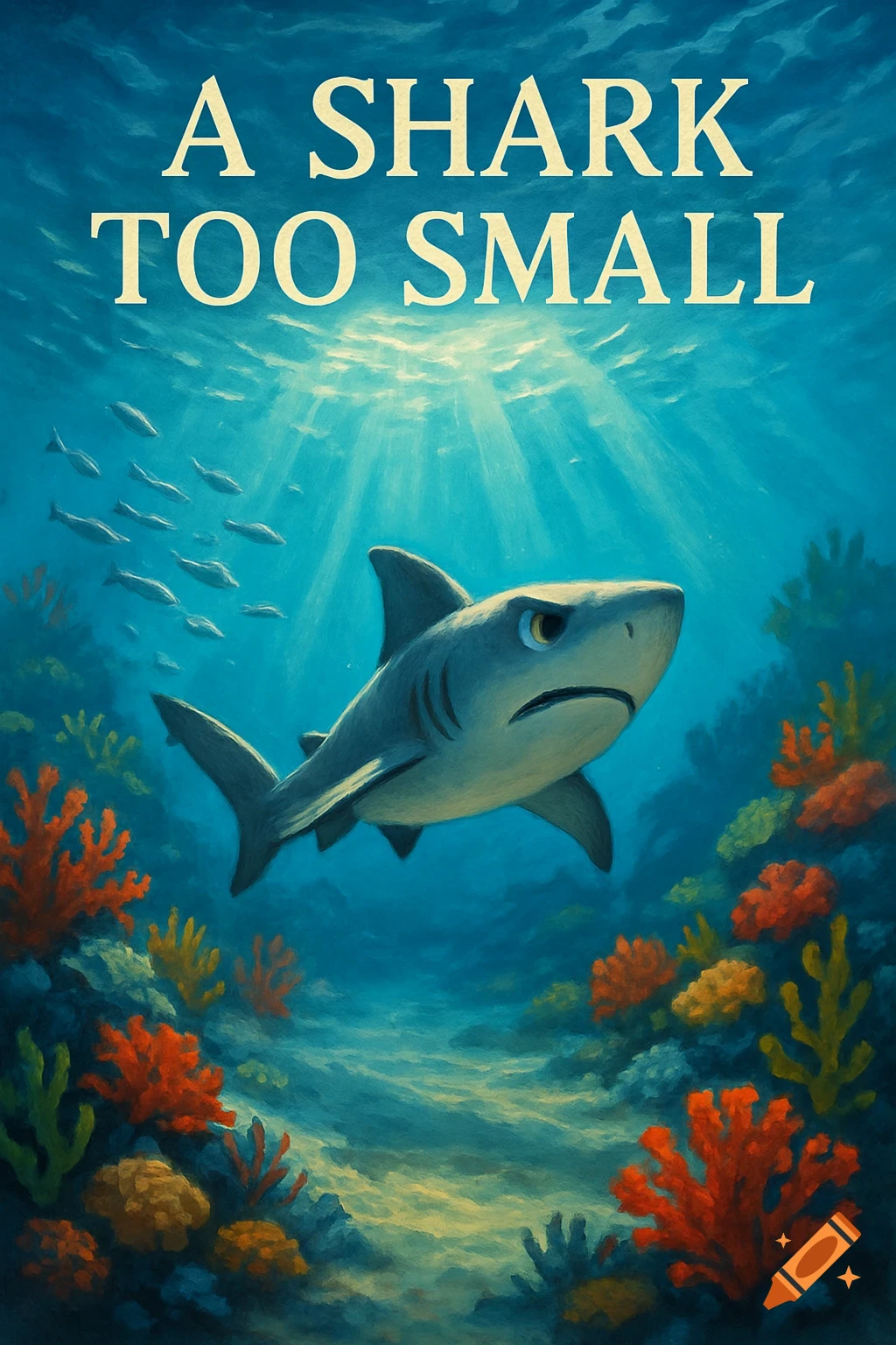 Illustrated book cover for 'A Shark Too Small' featuring a grumpy cartoon shark swimming in a vibrant coral reef.