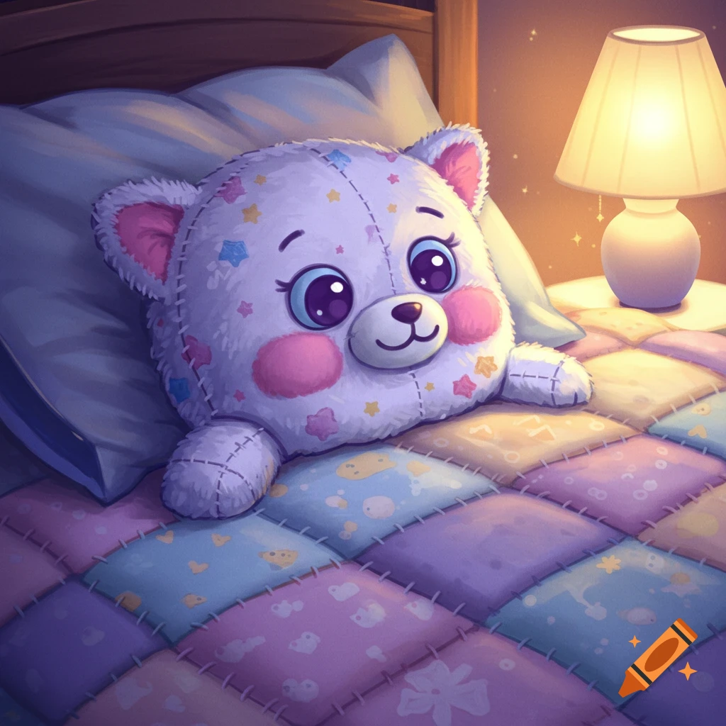 A fluffy white stuffed animal with big blue eyes, pink cheeks, and colorful stars, lying on a pastel patchwork quilt in bed with a glowing bedside lamp, in a cartoon style.