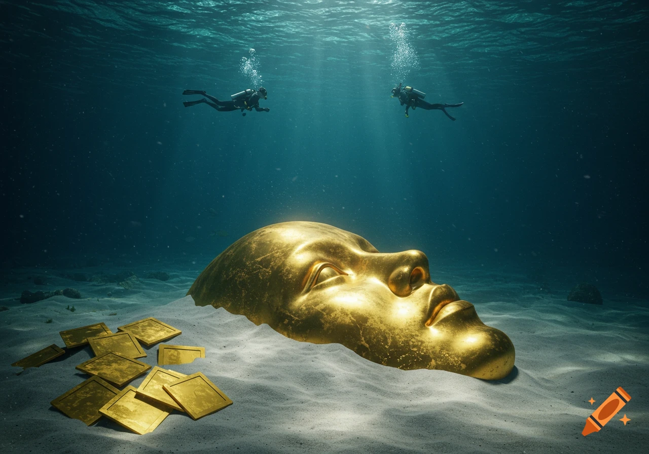 Two divers swim above a large golden face sculpture partially buried in the sand on the deep ocean floor, surrounded by golden plates.