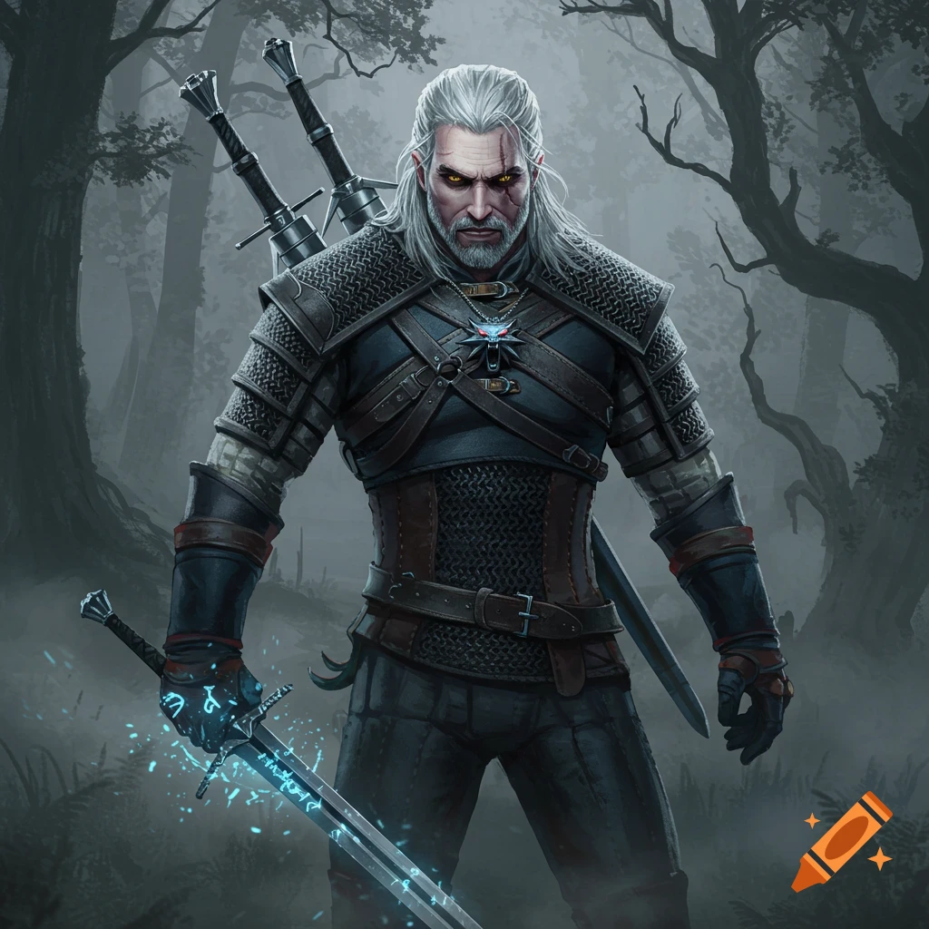 Geralt of Rivia stands in a dark forest, clad in armor, holding a glowing sword. His white hair and yellow eyes are prominent.