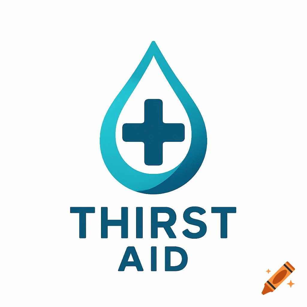A teal water drop logo with a white medical cross inside, above the words "THIRST AID" in dark blue.