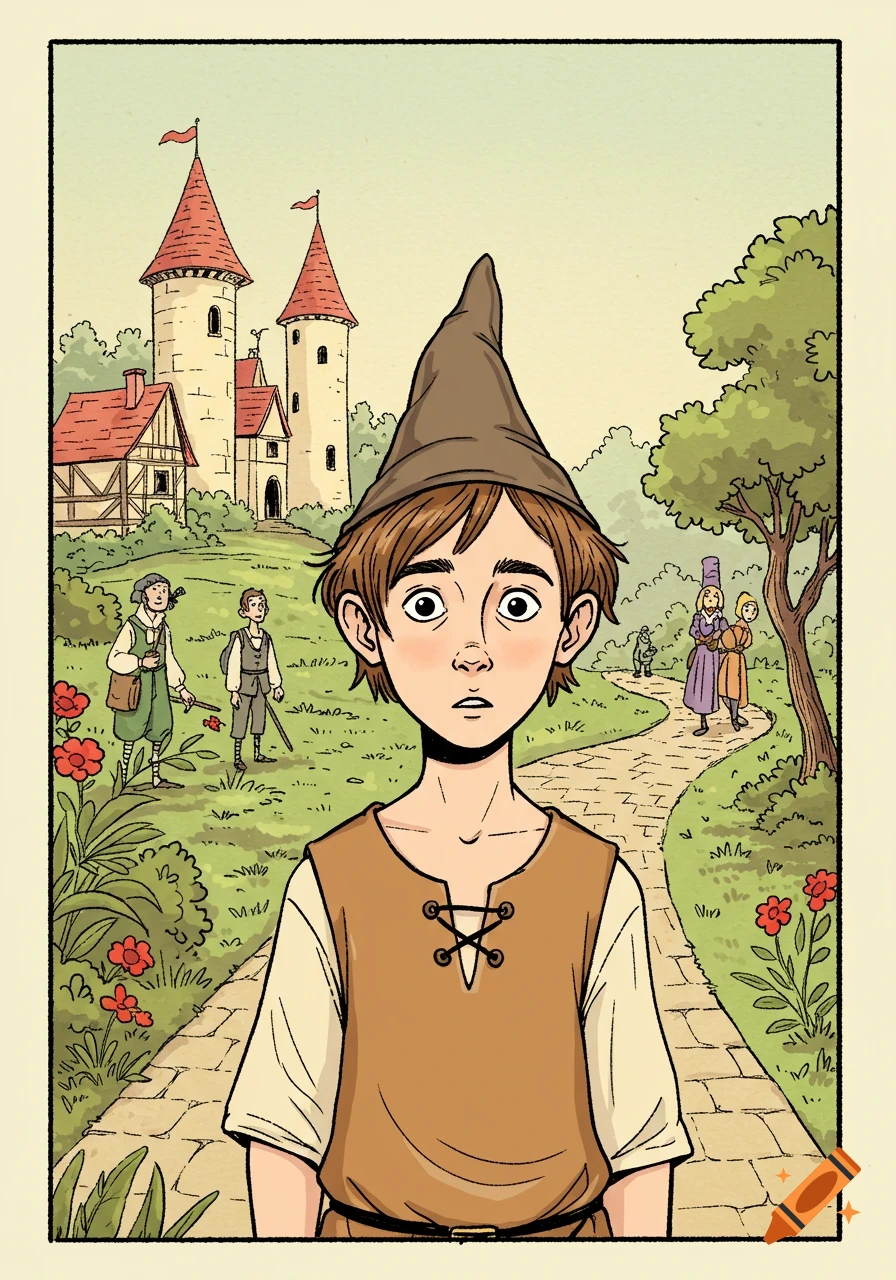 A wide-eyed boy in a brown tunic and conical hat stands on a cobblestone path leading to a castle in a comic strip style.