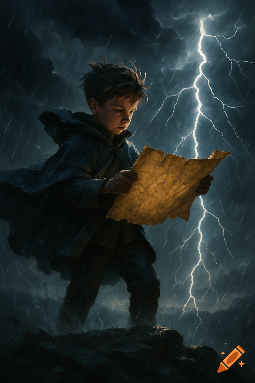 A boy in a dark cloak reads a weathered map in a dramatic storm with bright lightning.