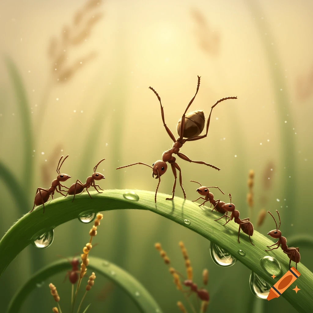 A large ant balances on a dew-covered green leaf, as if doing a handstand, while smaller ants crawl along the same leaf in a soft, bright natural setting.