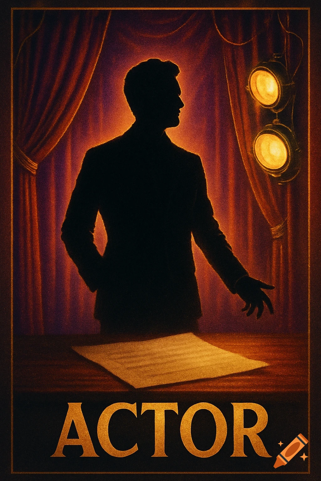 A dark silhouette of an actor on a stage, standing behind a table, with red curtains and spotlights, below the golden word 'ACTOR'.