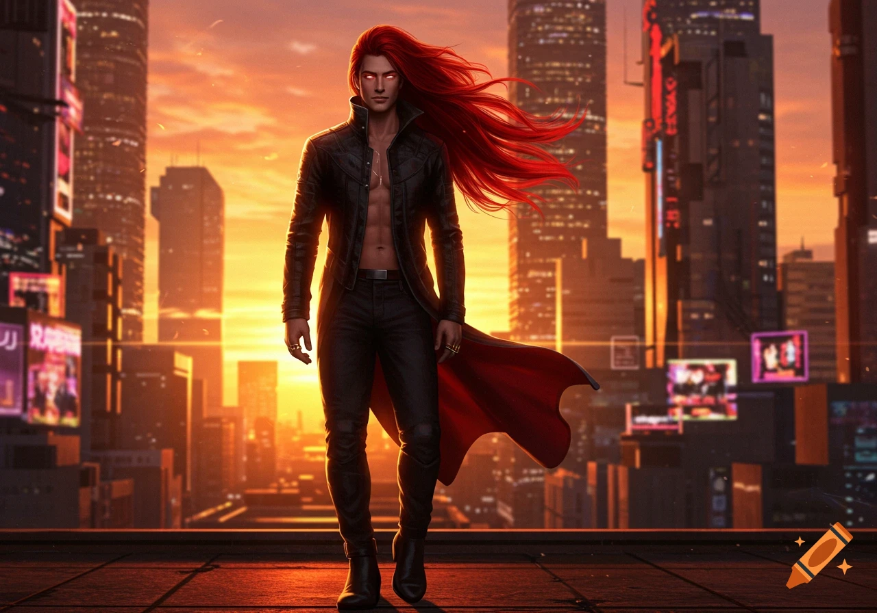 A man with long, flowing red hair and glowing red eyes stands on a rooftop in a futuristic city at sunset, wearing a black leather jacket and pants.