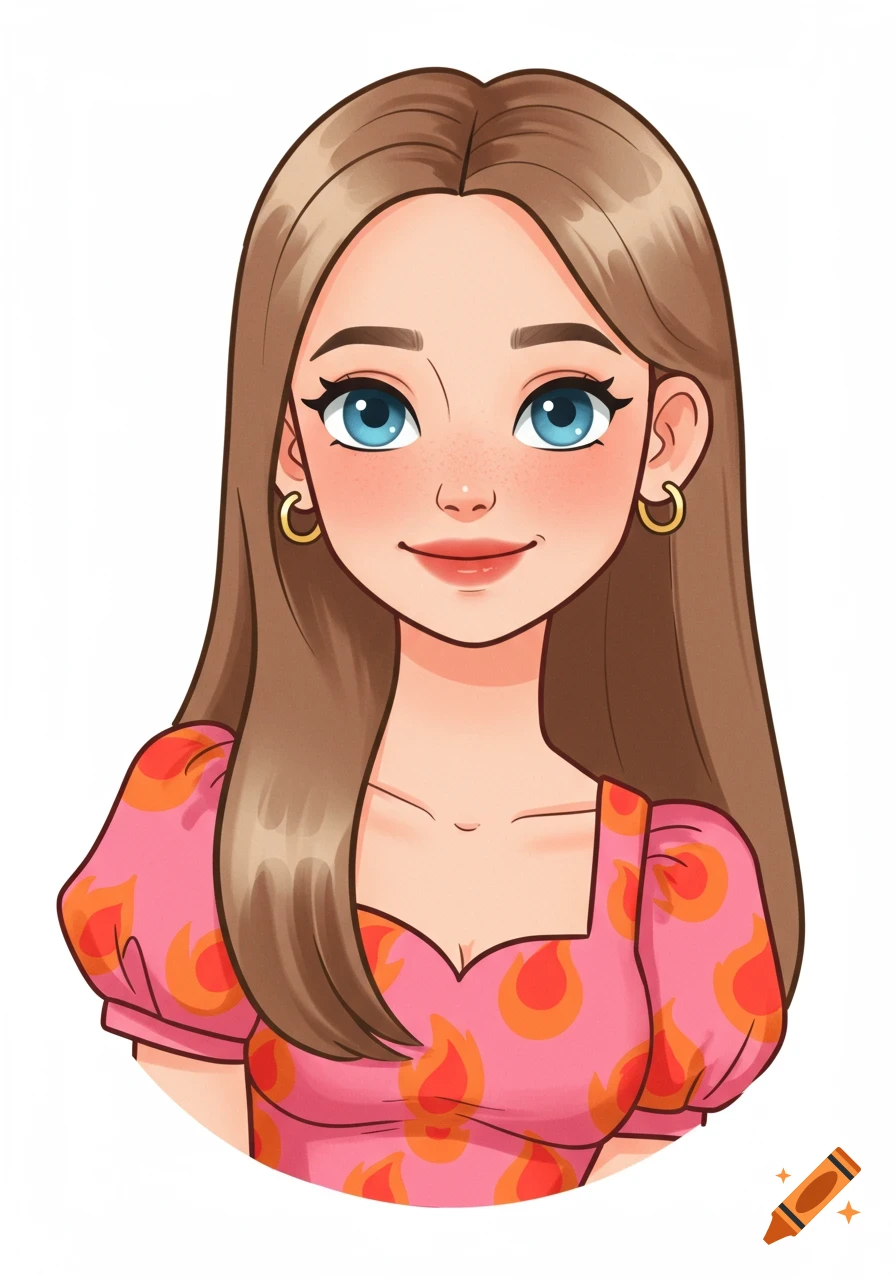 A cartoon portrait of a smiling young woman with long light brown hair, blue eyes, and a pink dress with orange flame patterns.