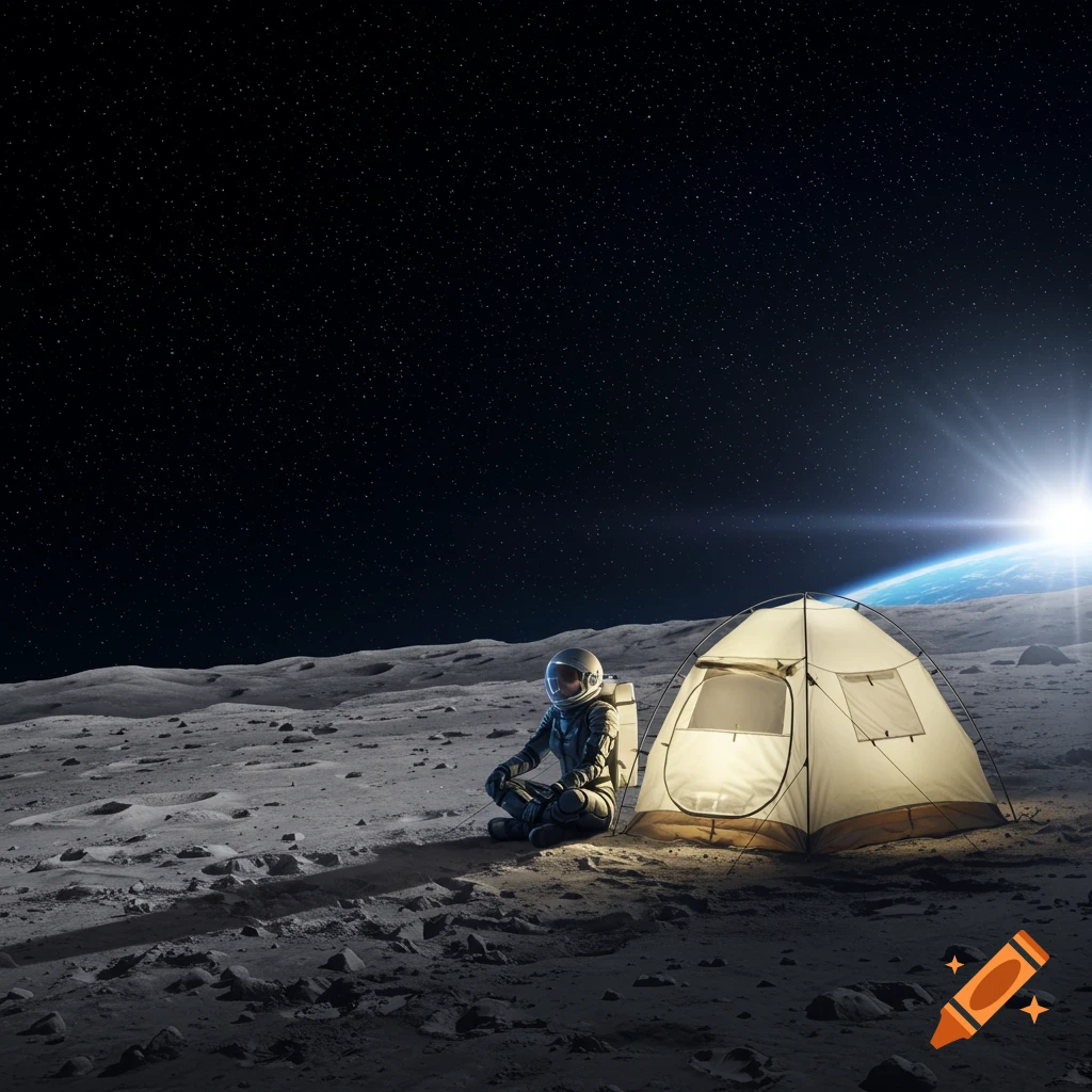 An astronaut sits next to an illuminated tent on the moon's surface, with Earth rising in the starlit sky.