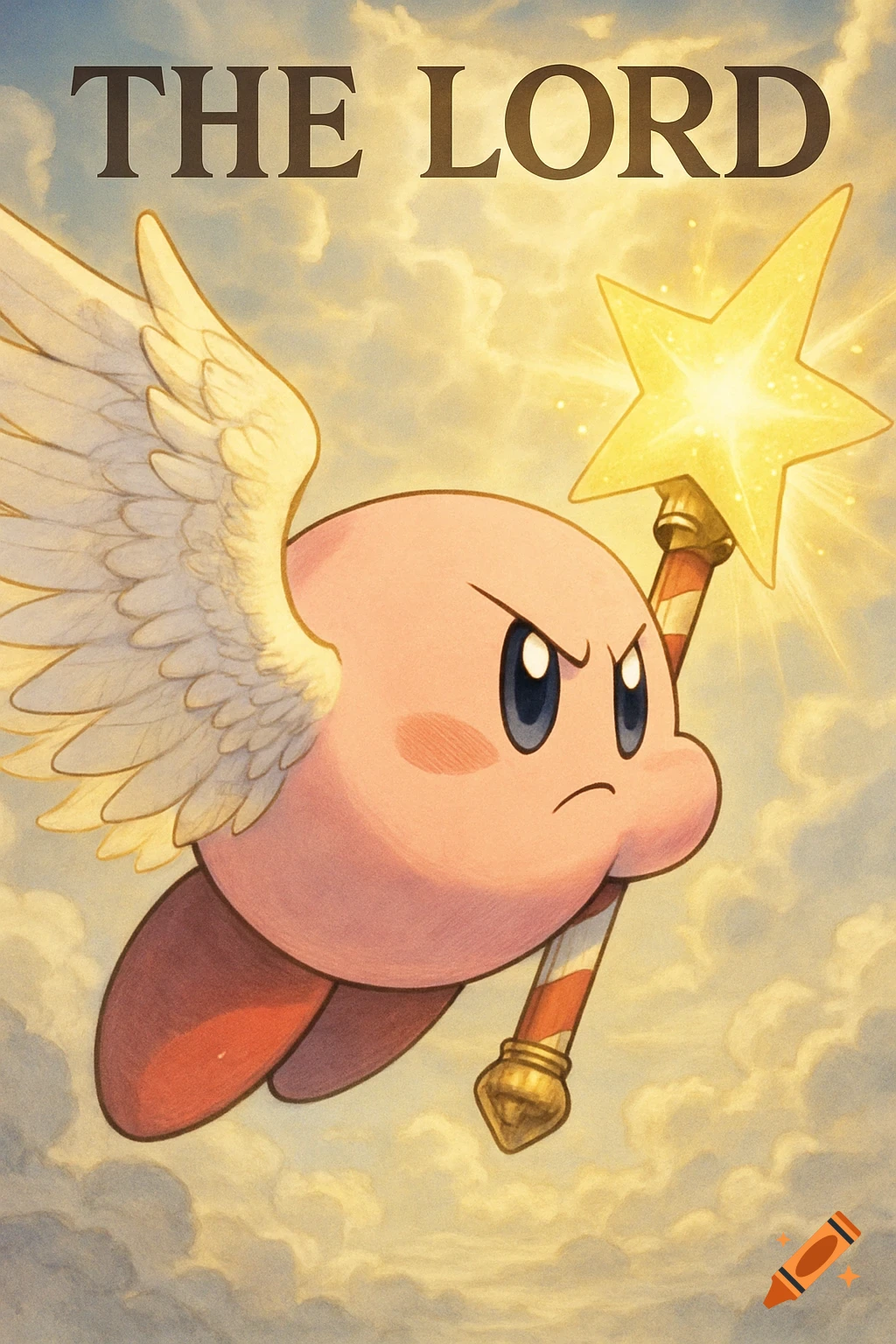 A determined, winged Kirby holds a glowing star rod, flying through a cloudy sky with the title "THE LORD" above in an anime style.
