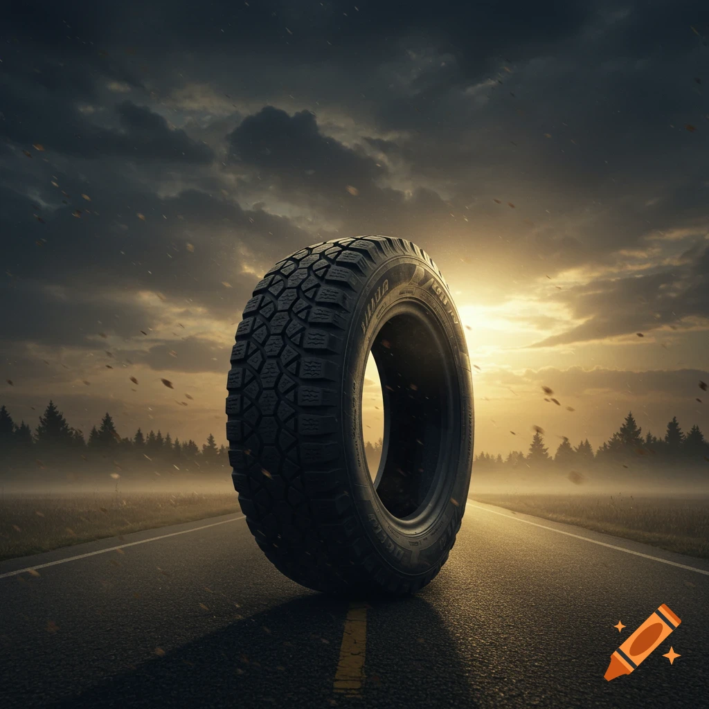 A large tire stands on a wet road with a misty forest and dramatic sunset clouds in the background, photorealistic style.
