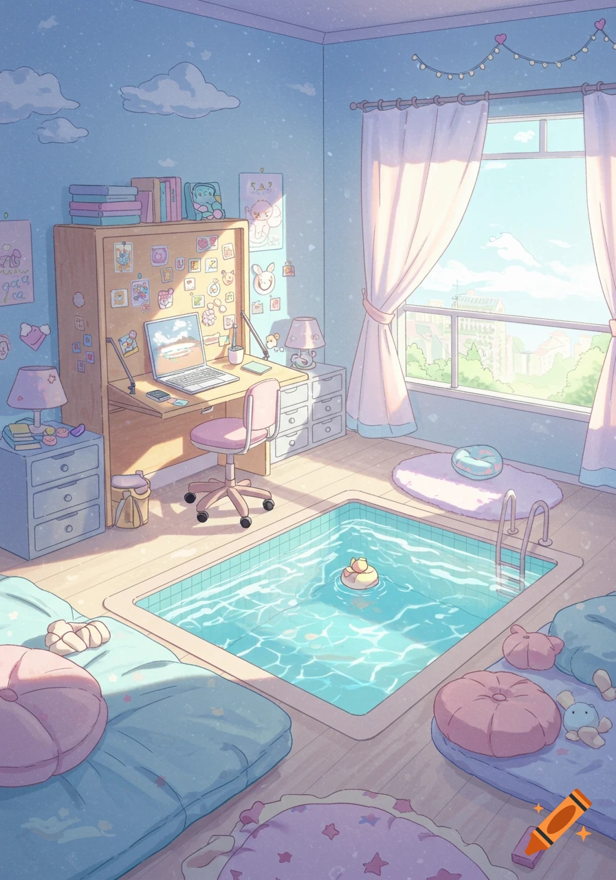 A dreamy, pastel blue and pink anime-style bedroom featuring an indoor swimming pool, a fold-up desk with a laptop, and a window view.