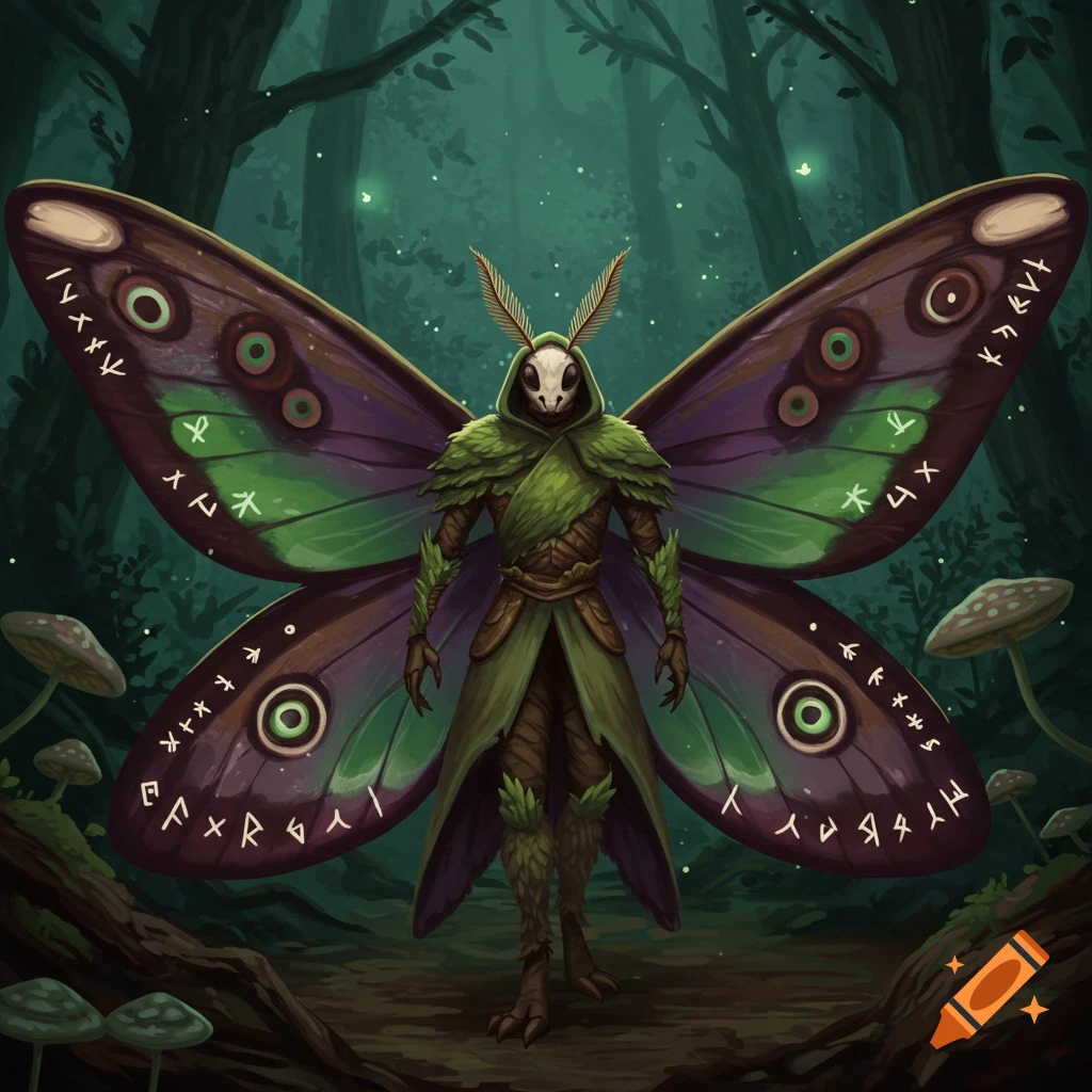 A humanoid moth creature with large purple and green wings, a green cloak, and a skull mask stands in a dark fantasy forest.
