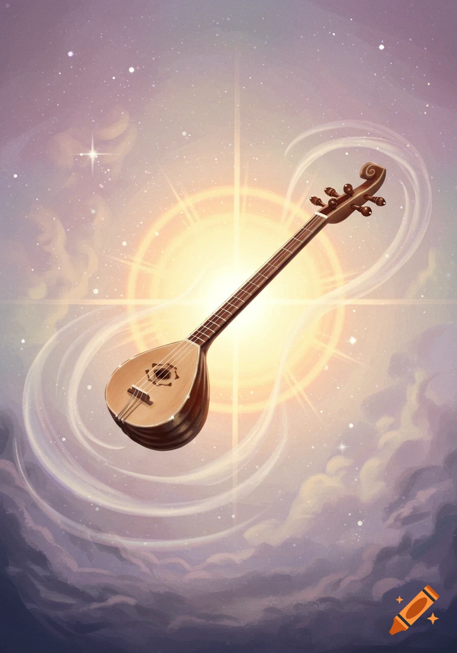 A painting of a stringed instrument with a sun-like halo, floating in a cosmic sky with stars and purple clouds.