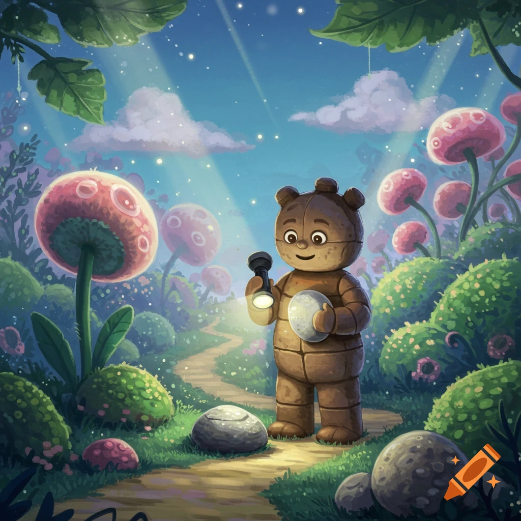 A cute, blocky, brown bear-like character with a happy face holds a glowing flashlight and a white egg, exploring a vibrant fantasy forest with large pink mushrooms, glowing particles, and a winding path under a starry blue sky in an illustrative style.