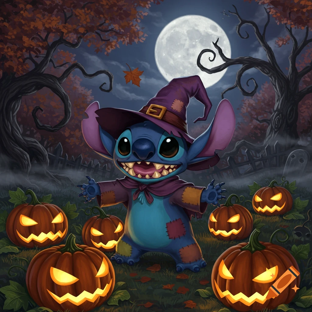 Stitch in a witch hat and cloak surrounded by glowing jack-o'-lanterns under a full moon on Halloween night.