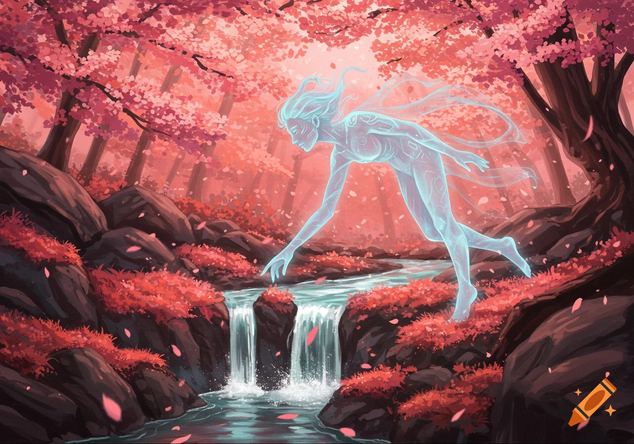 A glowing, ethereal spirit figure reaches into a waterfall in a vibrant pink and red forest, digital painting style.