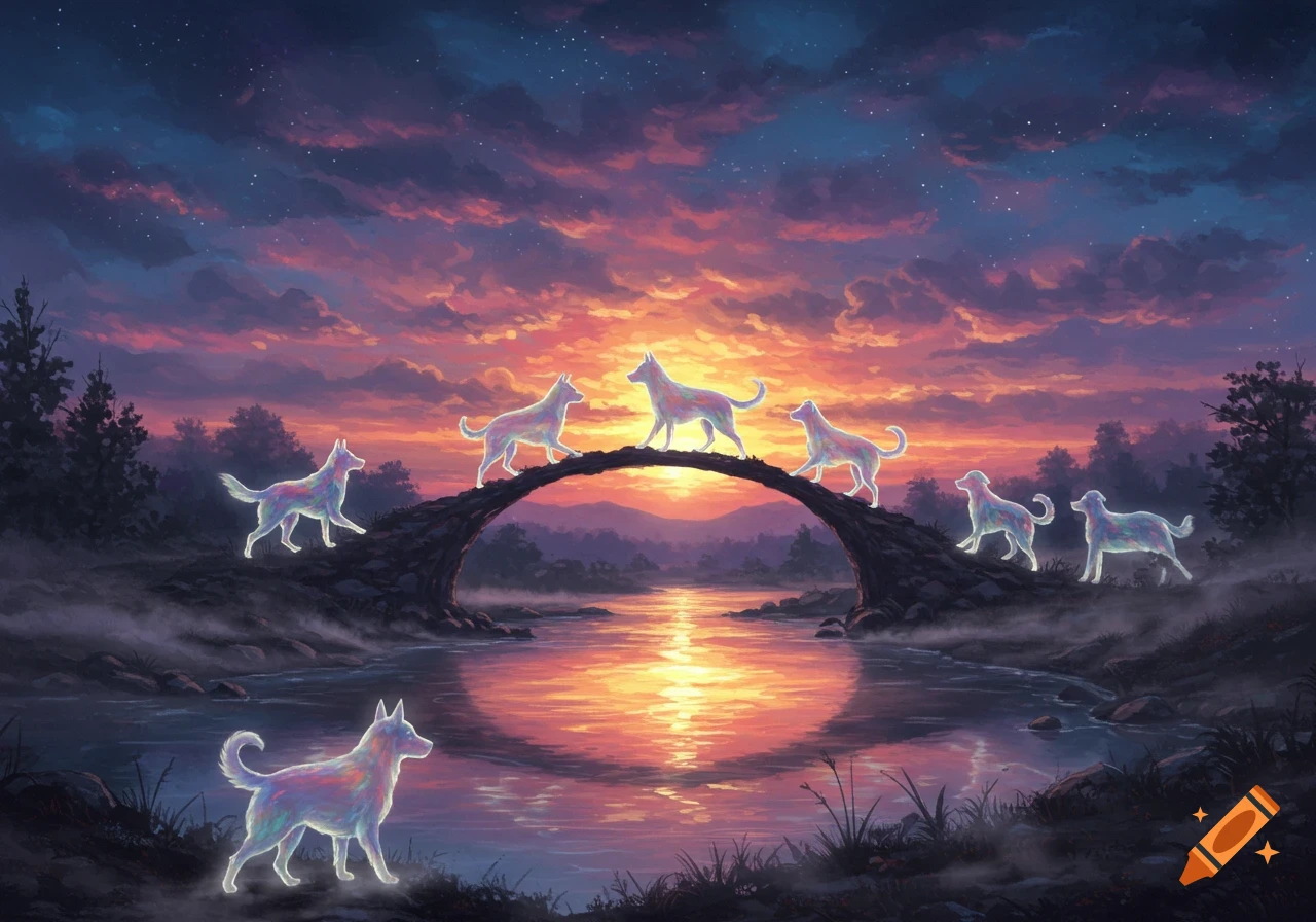 Ethereal glowing dogs walk across a stone bridge over a reflective lake at sunset under a starry sky.