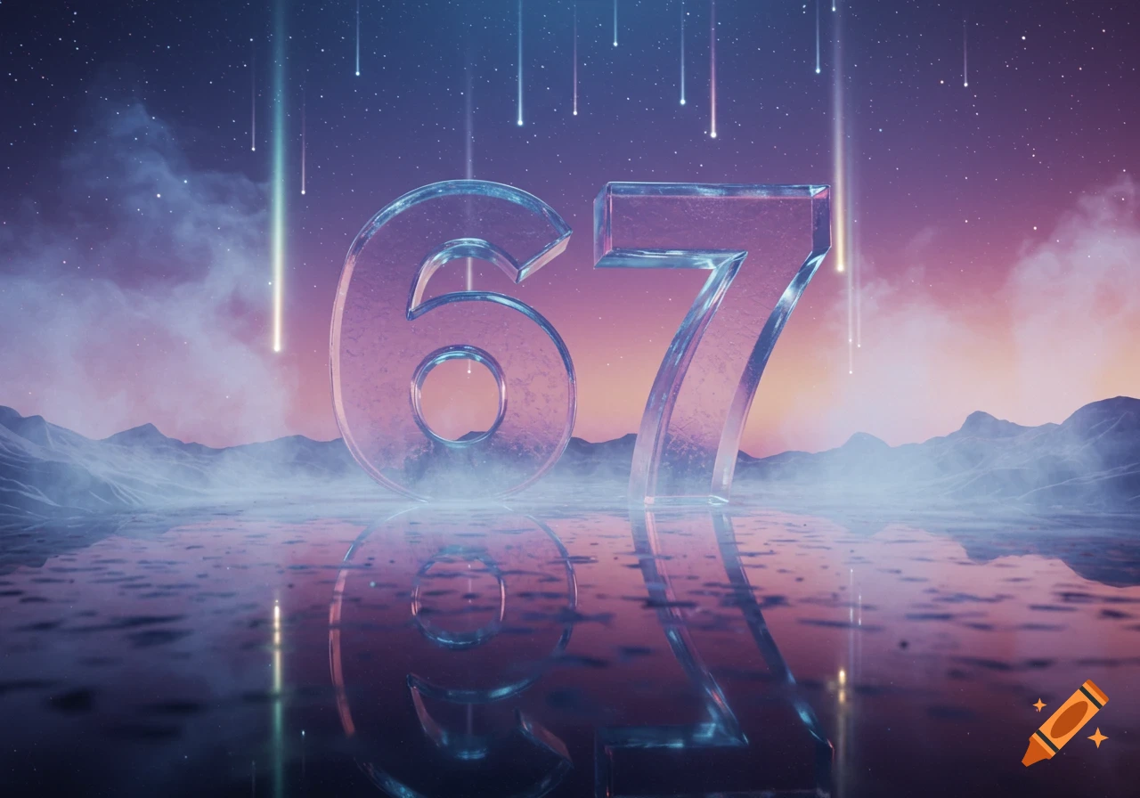 Large transparent numbers 6 and 7 stand on a reflective surface under a starry, cosmic night sky with falling meteors.