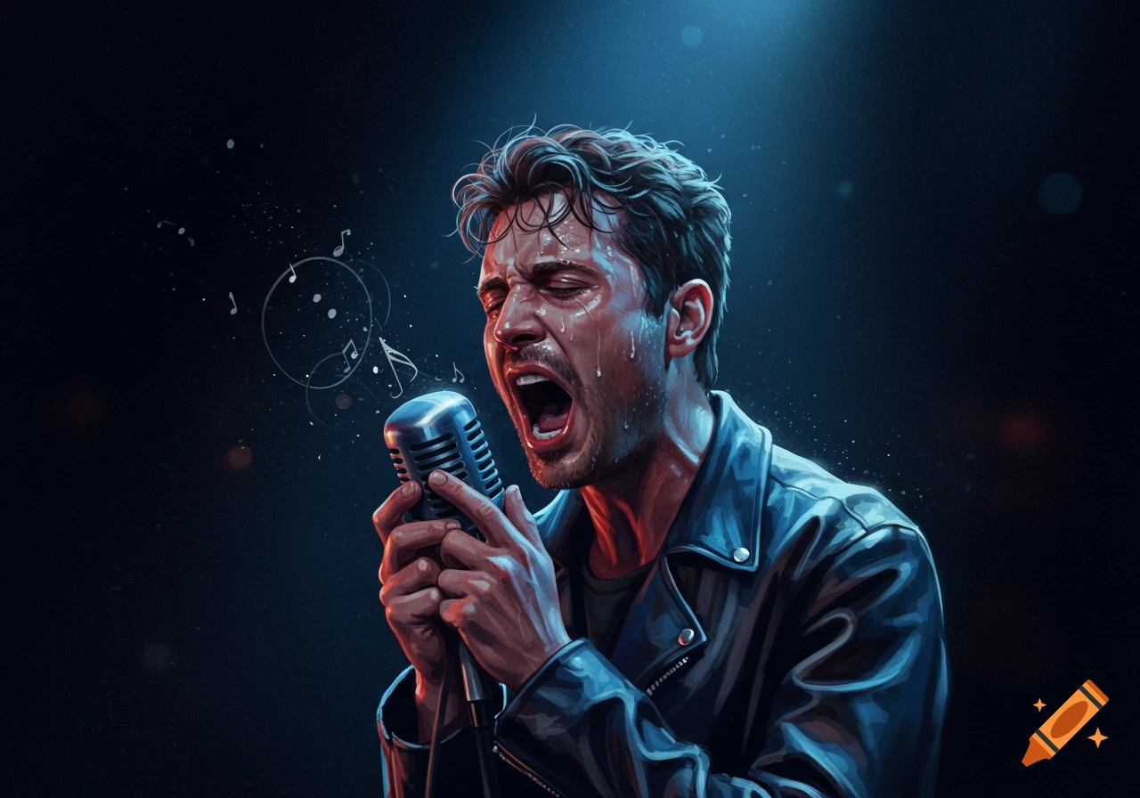 Illustrative portrait of a man passionately singing into a vintage microphone on a dark stage, lit by a blue spotlight.
