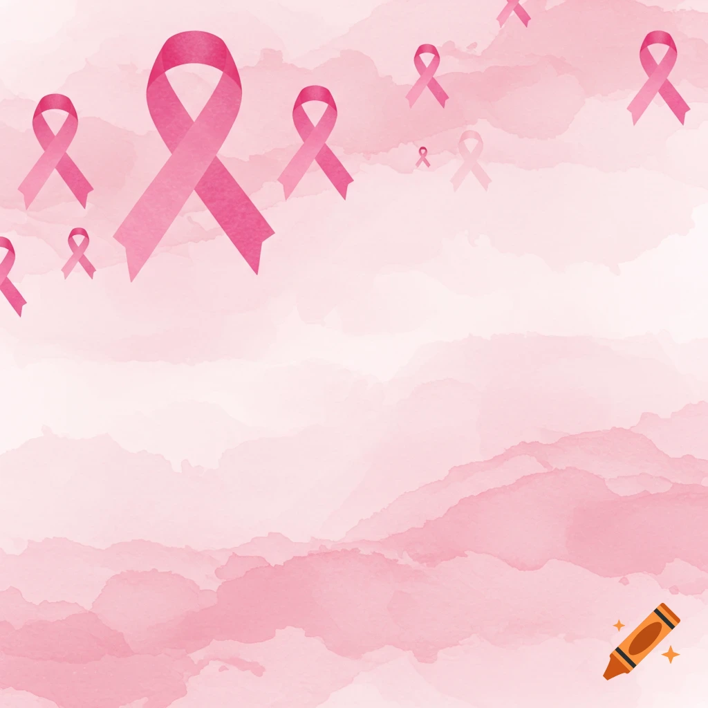 Various pink awareness ribbons float on a light pink watercolor background.