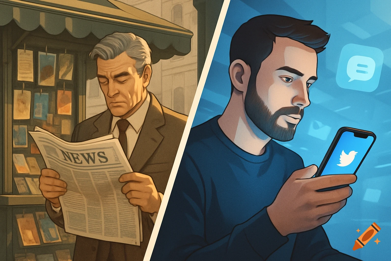 Illustrated comparison of an older man reading a newspaper and a younger man looking at Twitter on his phone.