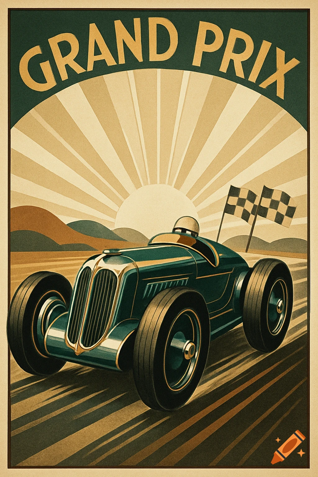 A vintage Art Deco Grand Prix racing poster with a dark green 1930s race car under a sunburst pattern.