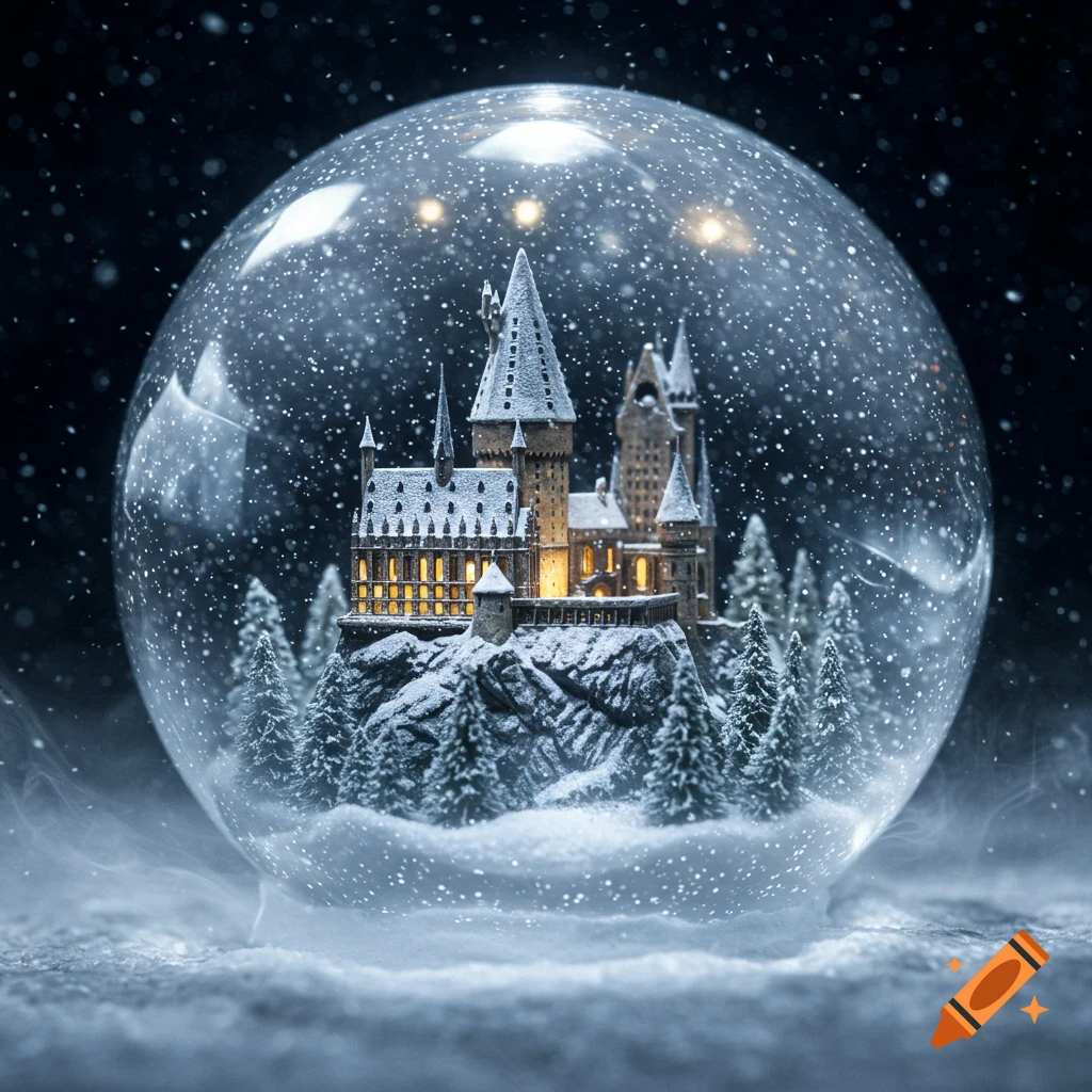 A photorealistic snow globe containing a miniature, illuminated Hogwarts castle covered in snow, with flakes falling.