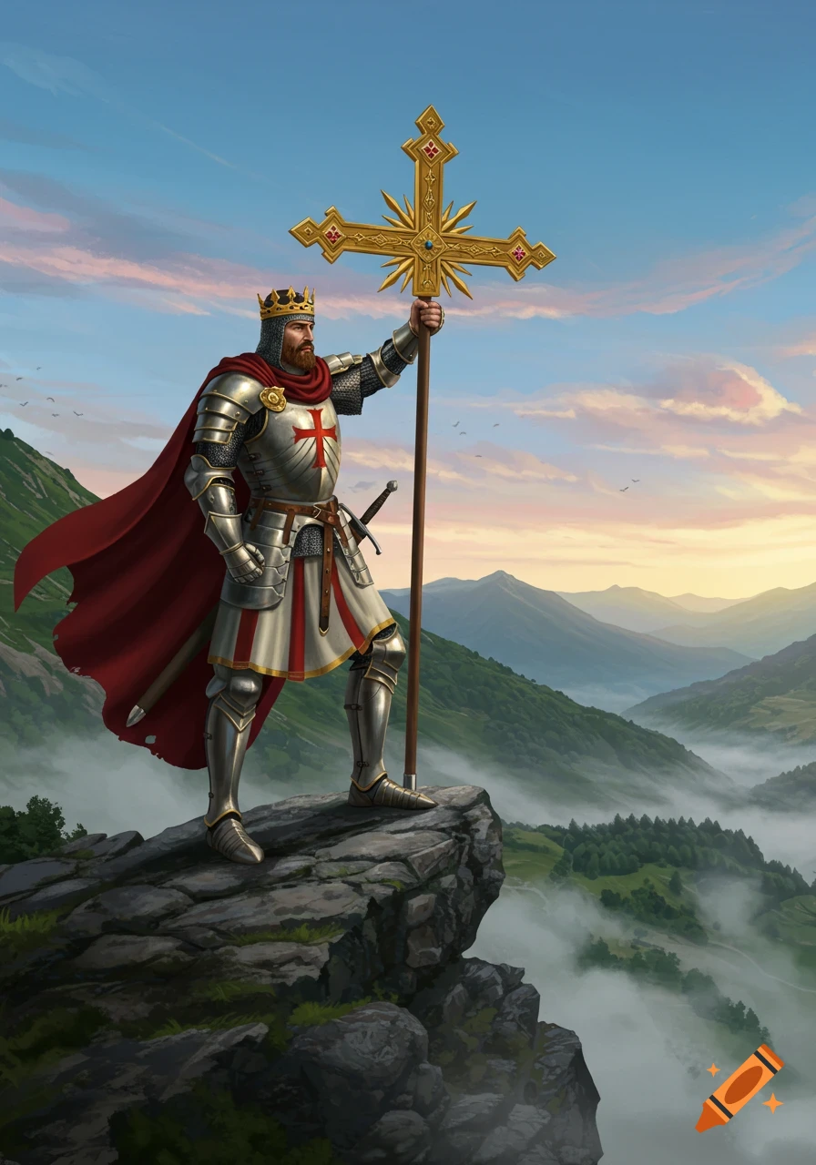 A king in shining armor and a red cape stands on a rocky mountain peak, holding a large golden cross towards a vast mountain valley at sunset.