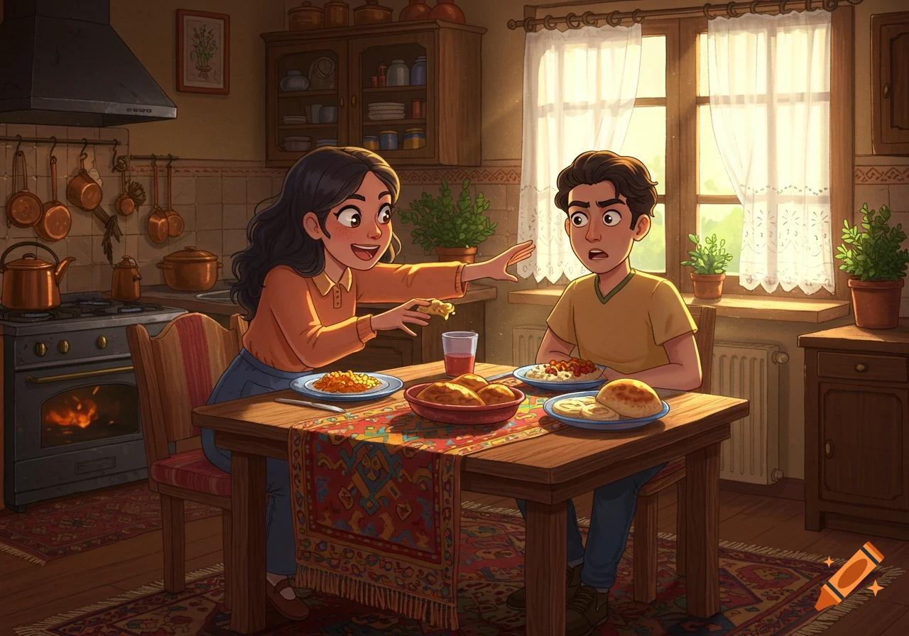 Cartoon of a teenage girl playfully taking food from a boy's plate in a cozy kitchen with sunny window light.