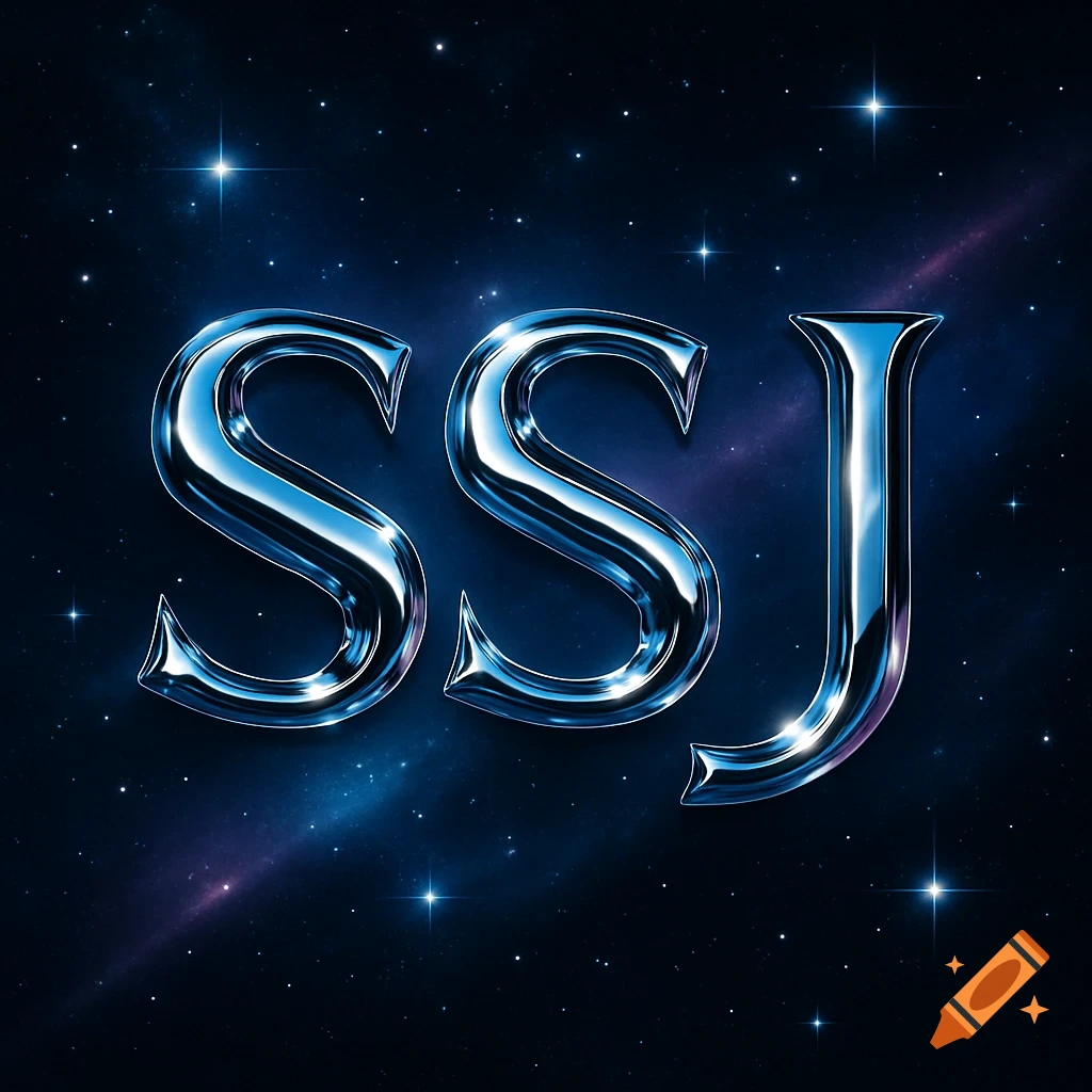 Shiny blue metallic letters 'SSJ' against a dark blue cosmic background filled with stars and faint nebulas.