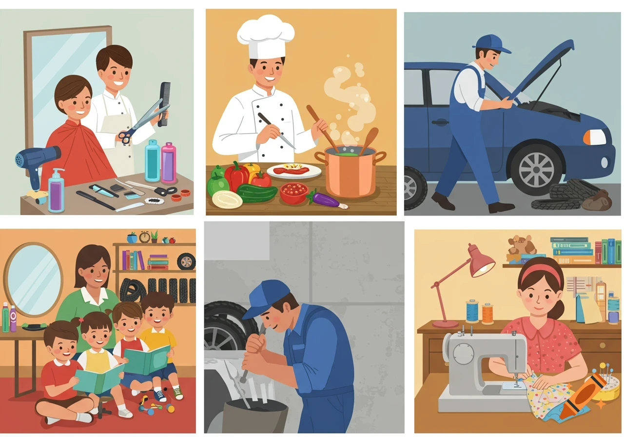 Six cartoon panels show people in different occupations: a hairdresser, chef, mechanic, caregiver reading to children, and seamstress.