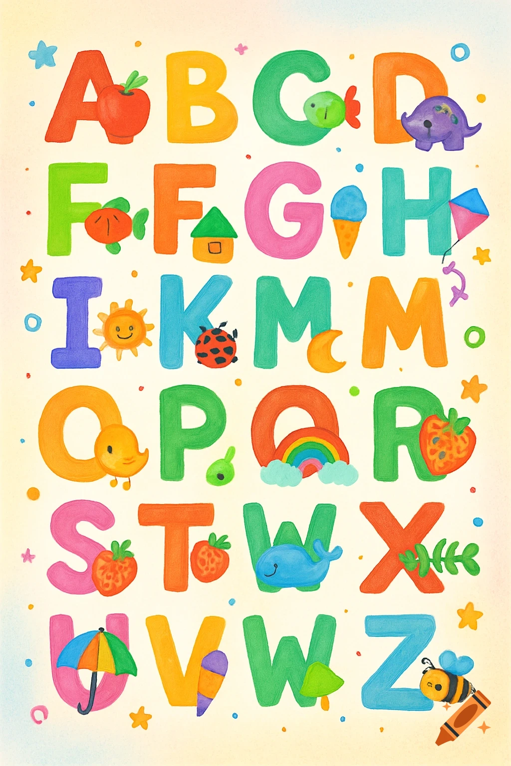 Colorful children's alphabet poster with uppercase letters A-Z, each illustrated by a corresponding object in a cheerful style.