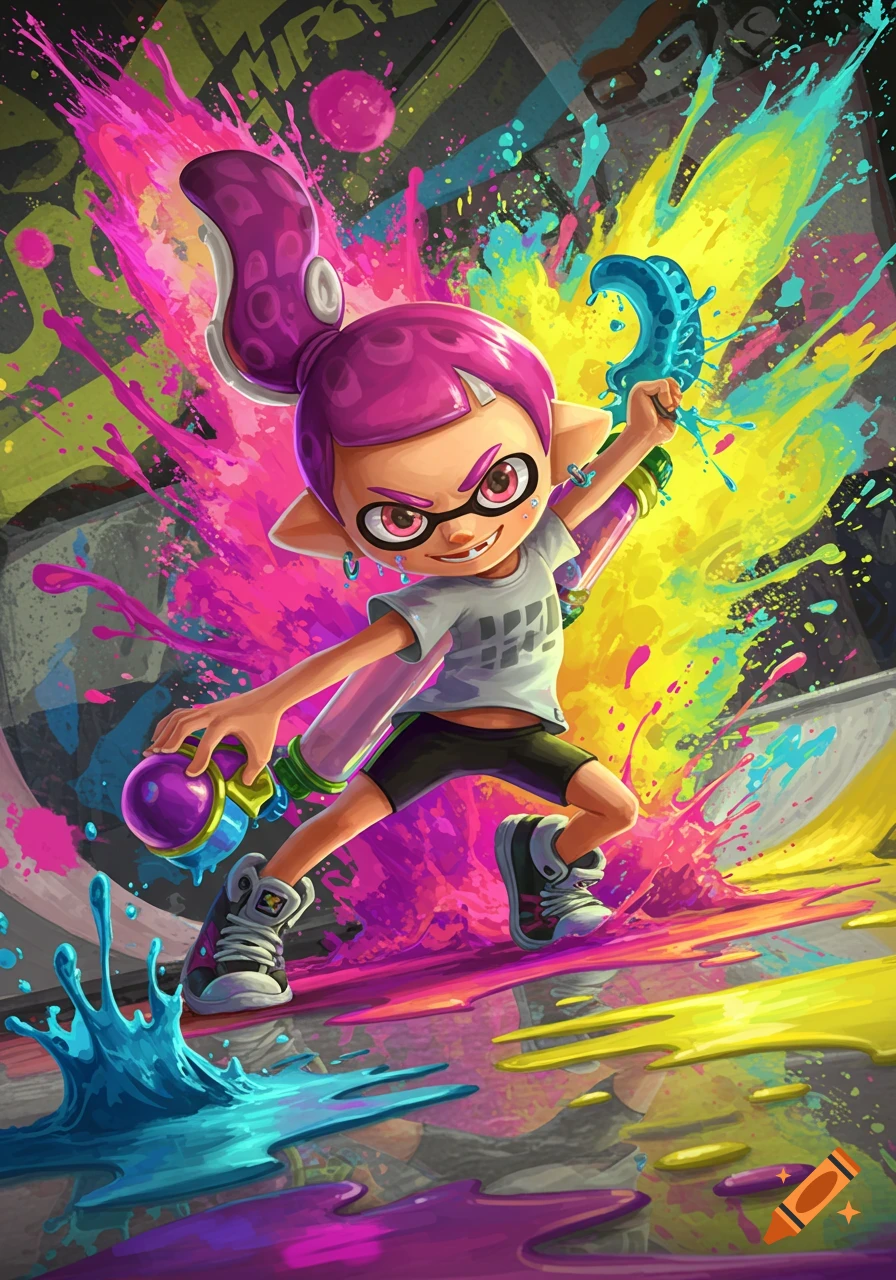 A vibrant, cartoon-style Splatoon character with pink tentacles smiles while holding an ink gun amidst colorful paint splatters.