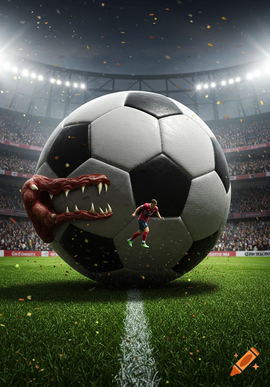 A photorealistic image of a giant soccer ball with a red monster mouth attempting to devour a tiny football player on a stadium field.