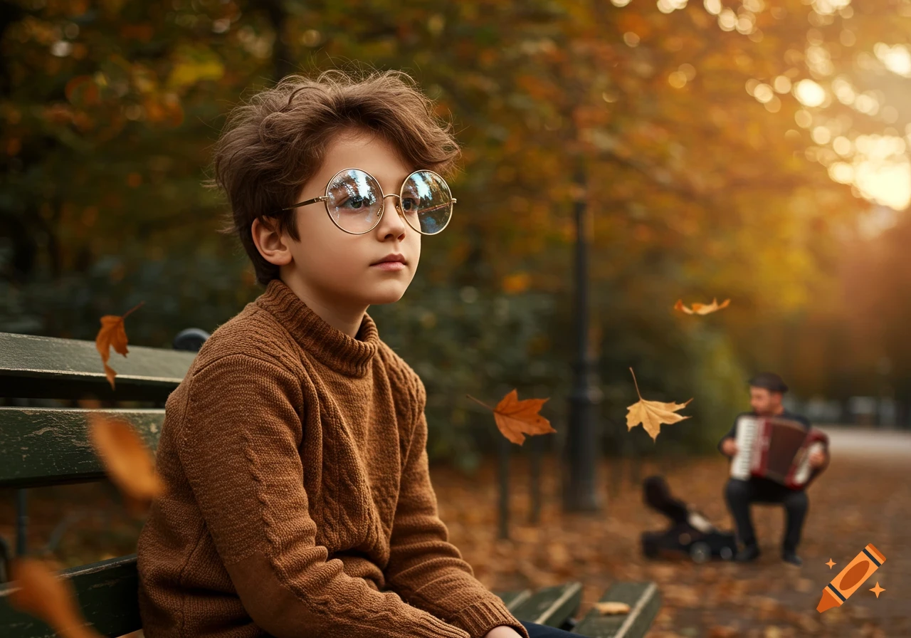 A young boy with round glasses sits on a park bench, with autumn leaves falling and a blurry musician playing an accordion in the background.