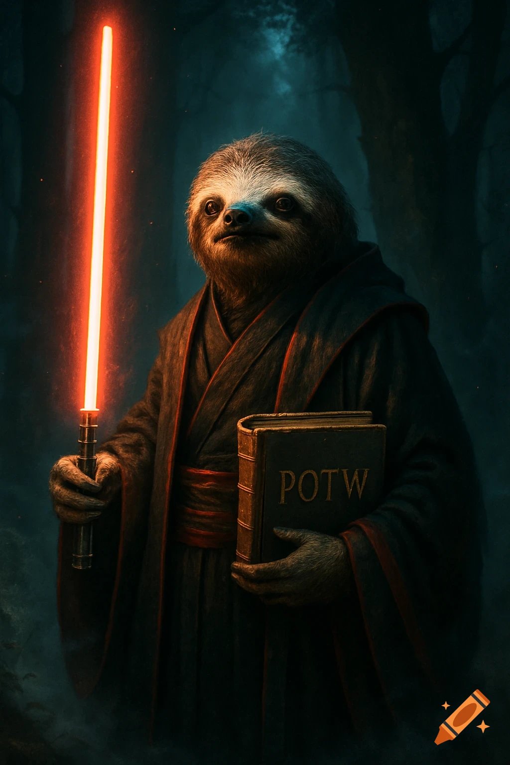 A sloth in black and red robes stands in a dark forest, holding a glowing red lightsaber in one hand and a book titled "POTW" in the other.