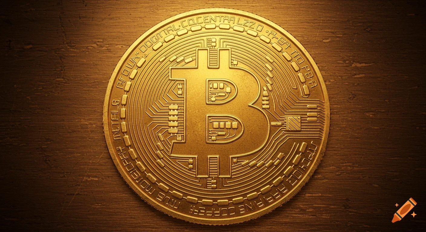 A close-up, top-down view of a golden Bitcoin coin featuring circuit board patterns, resting on a textured dark wood surface.