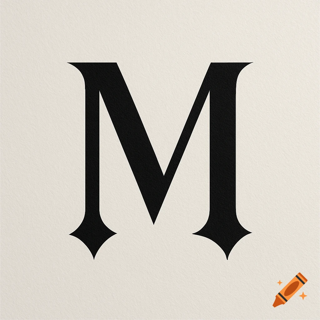 A black, ornate gothic style uppercase letter M on a textured light beige background.
