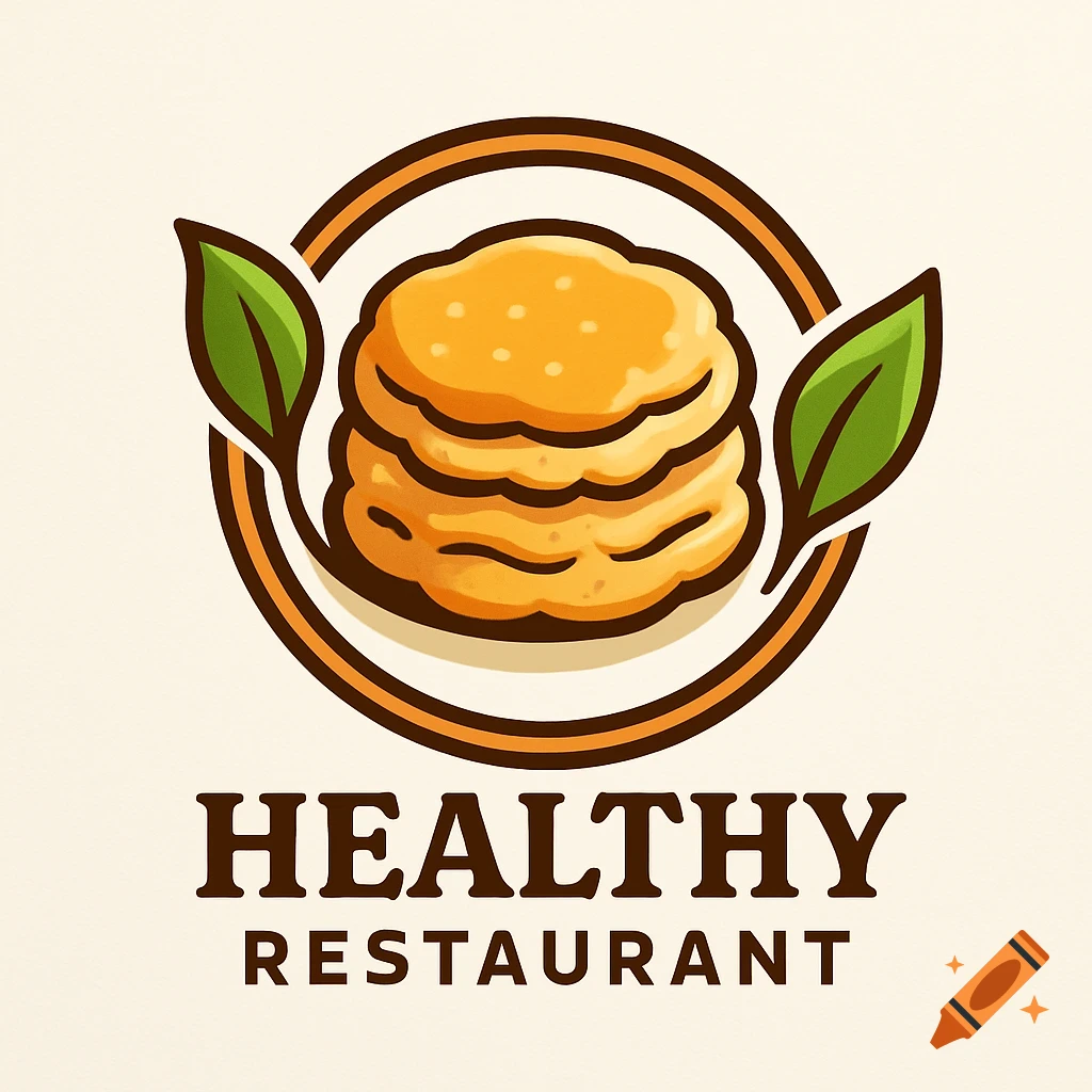 A cartoon logo for a healthy restaurant featuring a stack of golden biscuits with green leaves, framed by a circle, and the words 'HEALTHY RESTAURANT'.
