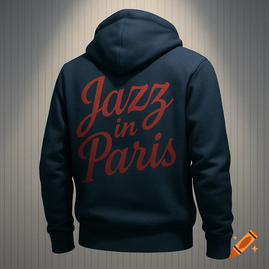A dark blue hoodie with a hood seen from the back, featuring 'Jazz in Paris' in red script on the back.